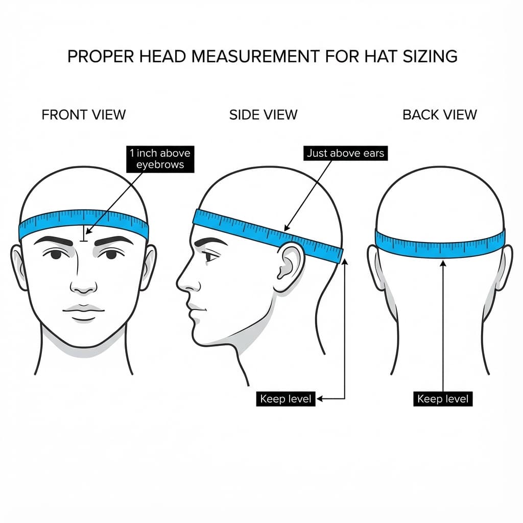 Diagram showing proper head measurement for hat sizing: tape 1 inch above eyebrows and just above ears