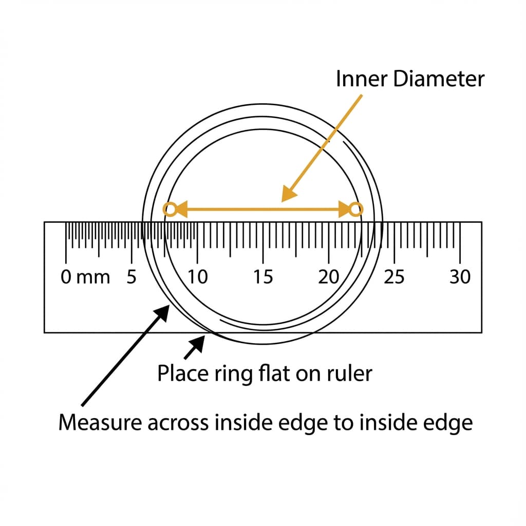 Diagram showing how to measure existing ring inner diameter with a ruler, measuring across the inside edge