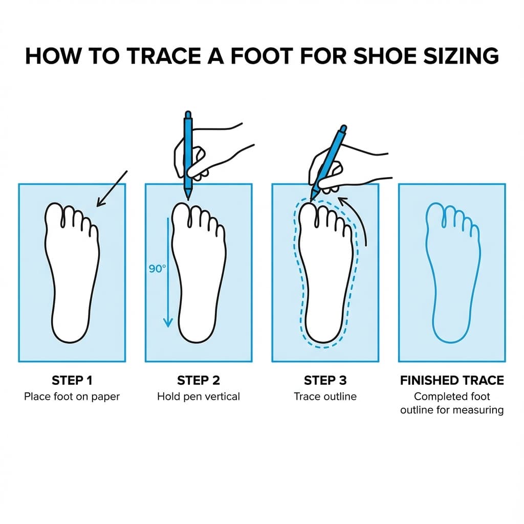 Diagram showing how to trace a foot for shoe sizing: place foot on paper, hold pen vertical, trace outline